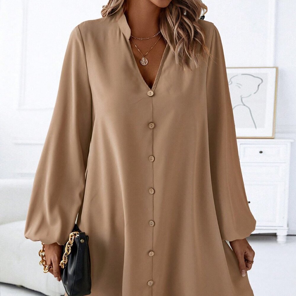 Khaki Casual Women's Notched Neckline Lantern Sleeve Dress